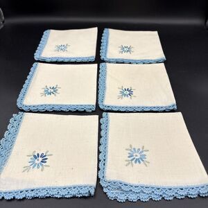 6 Linen Lace Bordered Blue Napkins Vintage  10x10 Cream Linen